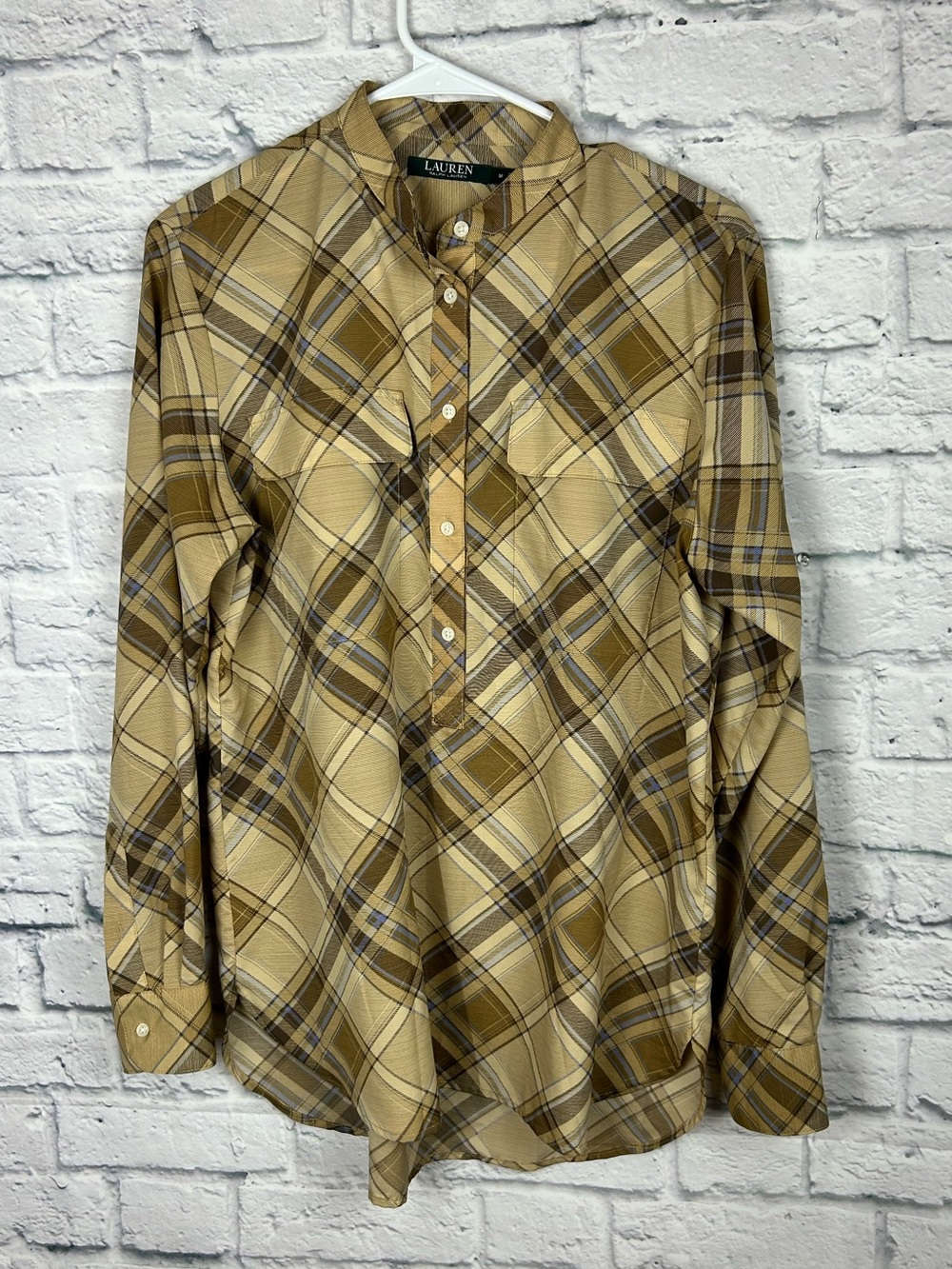 Lauren Ralph Lauren Plaid Utility Shirt Tan Brown Blue Button Front Medium